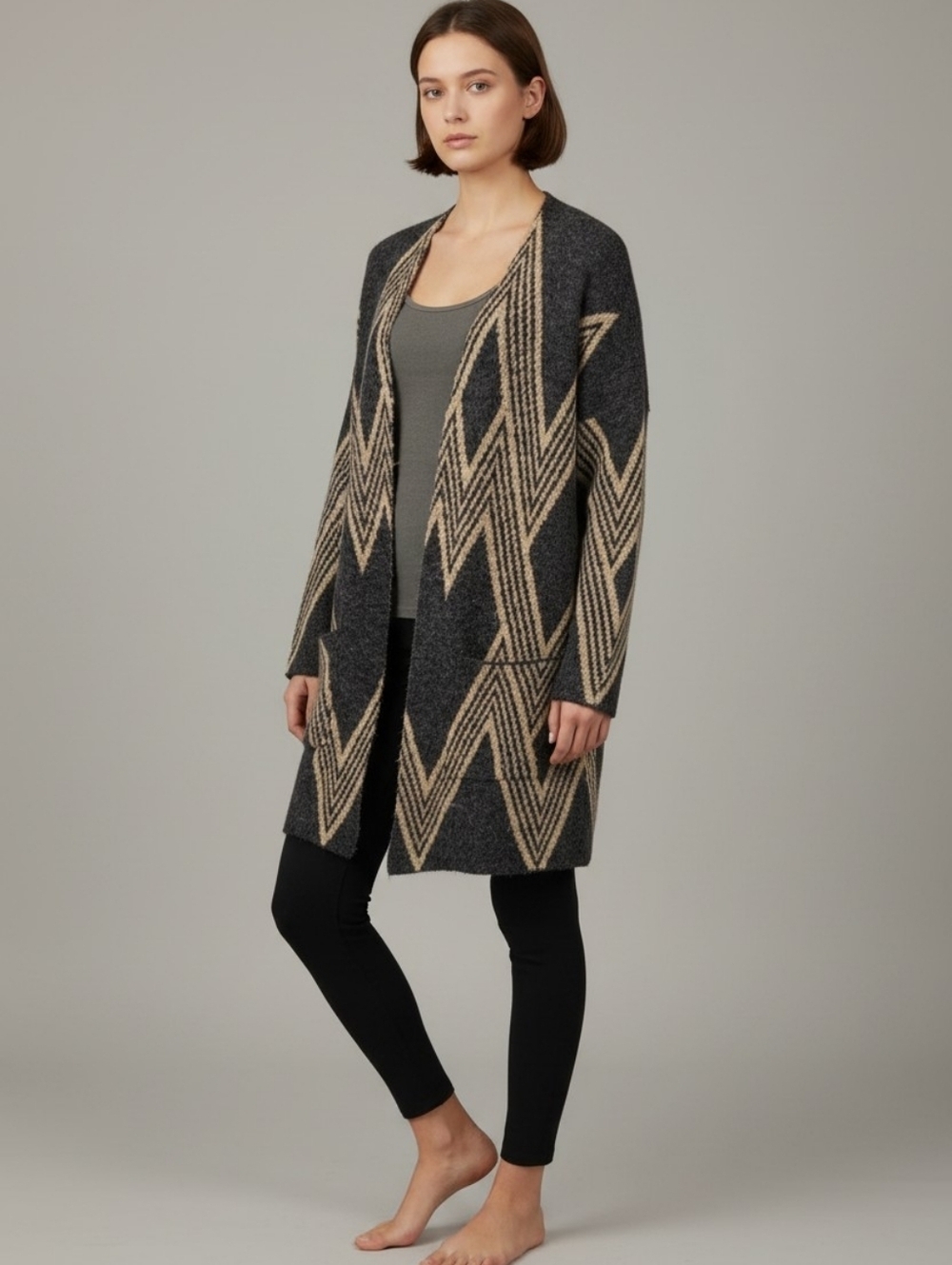 Grace Women’s Open Front Cardigan Sweater Gray Tan Geometric Aztec